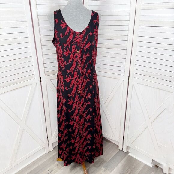 Bamboo Print Button Front Sleeveless Maxi Dress Red Black Medium - Picture 1 of 11